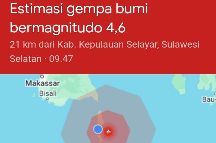 Informasi gempa bumi di Kepulauan Selayar, Sulawesi Selatan melalui Android Earthquake Alerts System. (Foto: google.com)