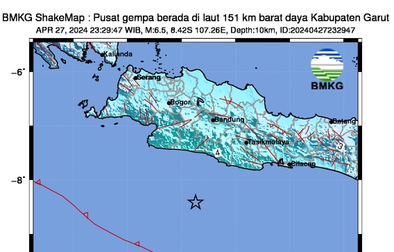 BMKG merilis peta lokasi gempa Garut yang terjadi pada Sabtu (27/4/4/2024) pukul 23.28 WIB. (Foto: BMKG)