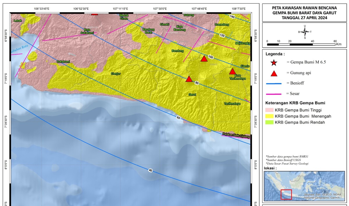 Peta kawasan rawan gempa bumi di barat daya Garut, Jawa Barat, pada 27 April 2024, yang dirilis PVMBG Kementerian ESDM. (Foto: vsi.esdm.go.id)