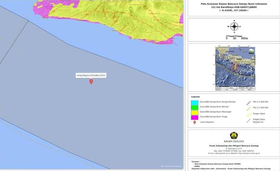 Peta yang dirilis Pusat Vulkanologi dan Mitigasi Bencana Geologi Kementerian ESDM menunjukkan lokasi pusat gempa Garut di laut. (Foto: vsi.esdm.go.id) 