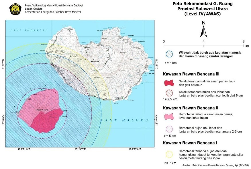 Pusat Vulkanologi dan Mitigasi Bencana Geologi (PVMBG) Badan Geologi Kementerian ESDM mengeluarkan peta rekomendasi terkait erupsi Gunung Ruang di Kabupaten Sitaro, Sulawesi Utara, Rabu (17/4/2024). (Foto: vsi.esdm.go.id)  